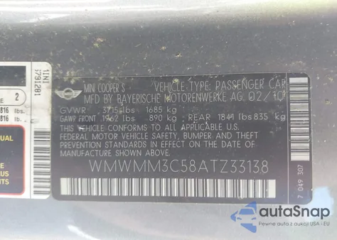 2010 Mini Cooper S Clubman z USA, uszkodzony, nr VIN WMWMM3C58ATZ33138